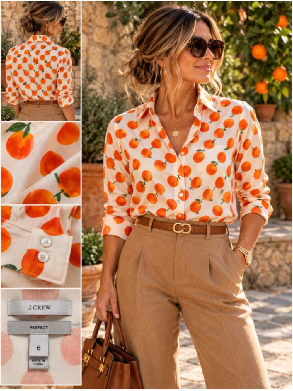 J.Crew Perfect Shirt Orange Print Cotton Silk Blend Button Down Size 6